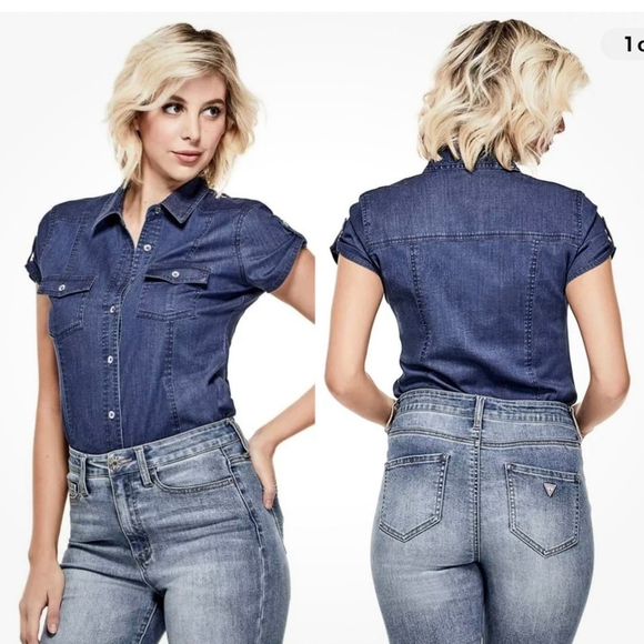 Guess Tops - Guess Zaya Chambray Dark Denim Button Up Shirt